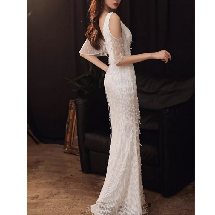MUBVO Fringed Cold-Shoulder Evening Dress Gown