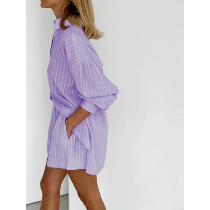 NOSRE Striped Long Sleeves Shirt And Mini Shorts