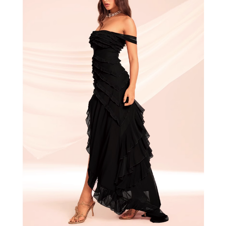 NUMOG Ruffled Off-Shoulder Slip Evening Dress Gown
