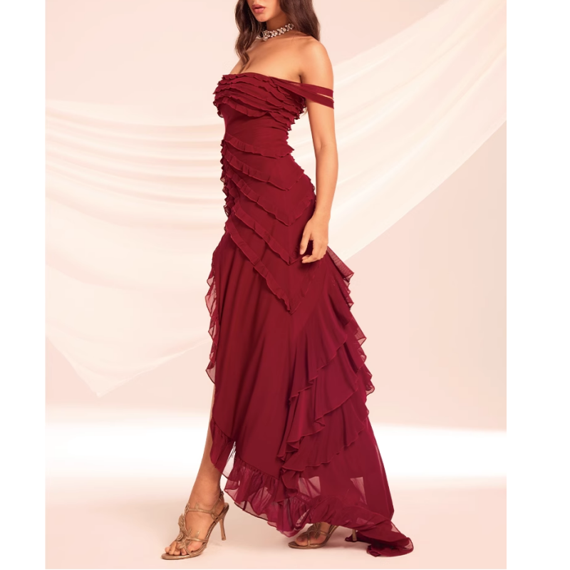 NUMOG Ruffled Off-Shoulder Slip Evening Dress Gown