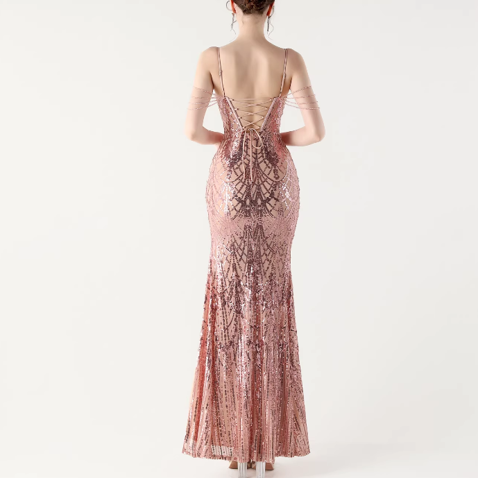 RAOCE Sequinned Slip Evening Dress Gown