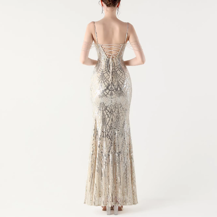 RAOCE Sequinned Slip Evening Dress Gown