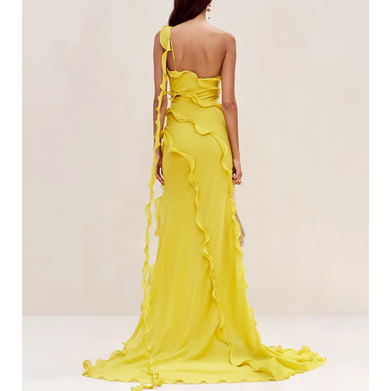 REHOM Ruffled Slip Evening Dress Gown