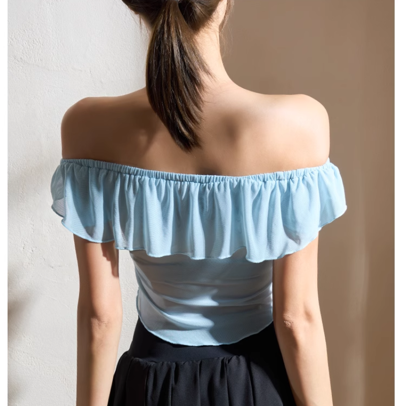 VEBIO Yoga Pilates Ruffled Off-Shoulder Fitted Sports Bra