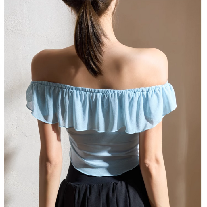 VEBIO Yoga Pilates Ruffled Off-Shoulder Fitted Sports Bra