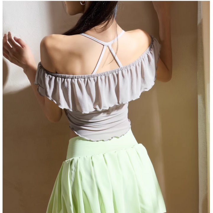 VEBIO Yoga Pilates Ruffled Off-Shoulder Fitted Sports Bra