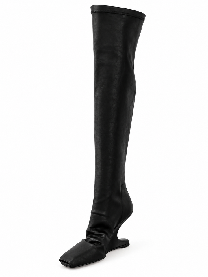 SAVDU LEATHER SCULPTURED HEEL OVER THE KNEE BOOTS