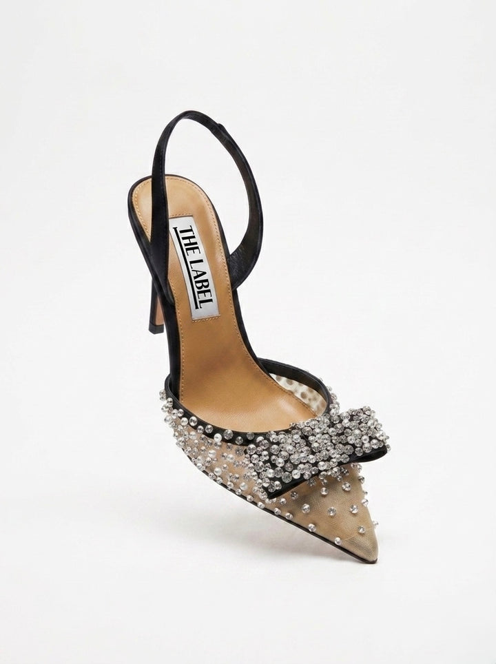 STELLA BOW CRYSTAL-EMBELLISHED MESH SLINGBACK PUMPS