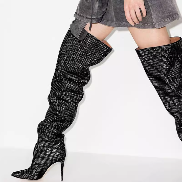JUIHE Diamante Stiletto Heel Over The Knee Boots - 11.5cm