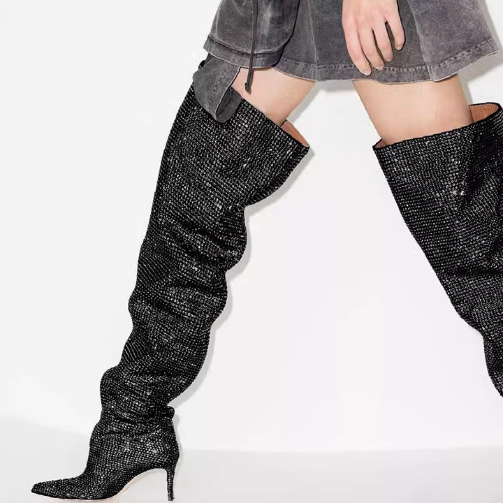 JUIHE Diamante Stiletto Heel Over The Knee Boots - 8.5cm