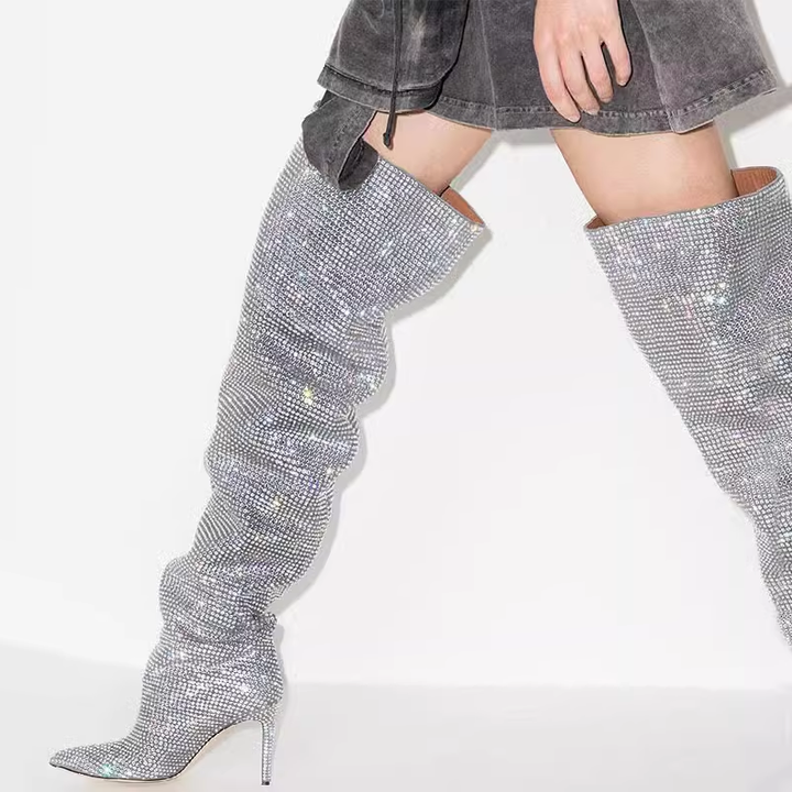JUIHE Diamante Stiletto Heel Over The Knee Boots - 8.5cm