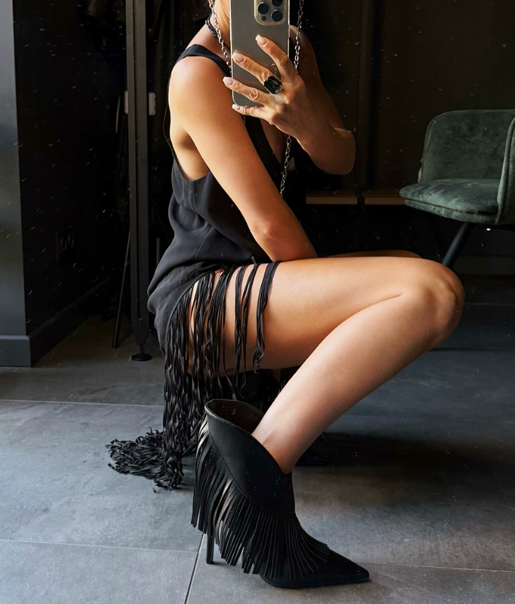 JUKCI TASSELS HIGH HEEL ANKLE BOOTS