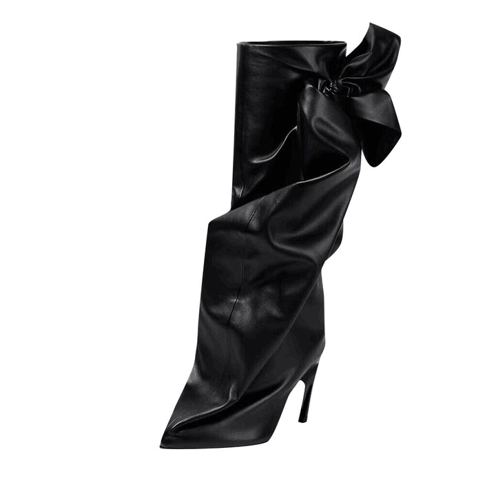 LUCON Bow Leather Knee High Boots