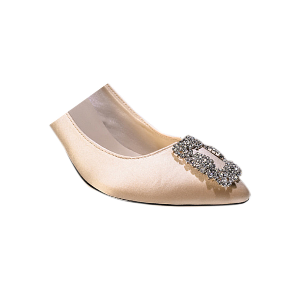 MIRKO Diamante Embellished Satin Mid Heel Pumps - 8cm