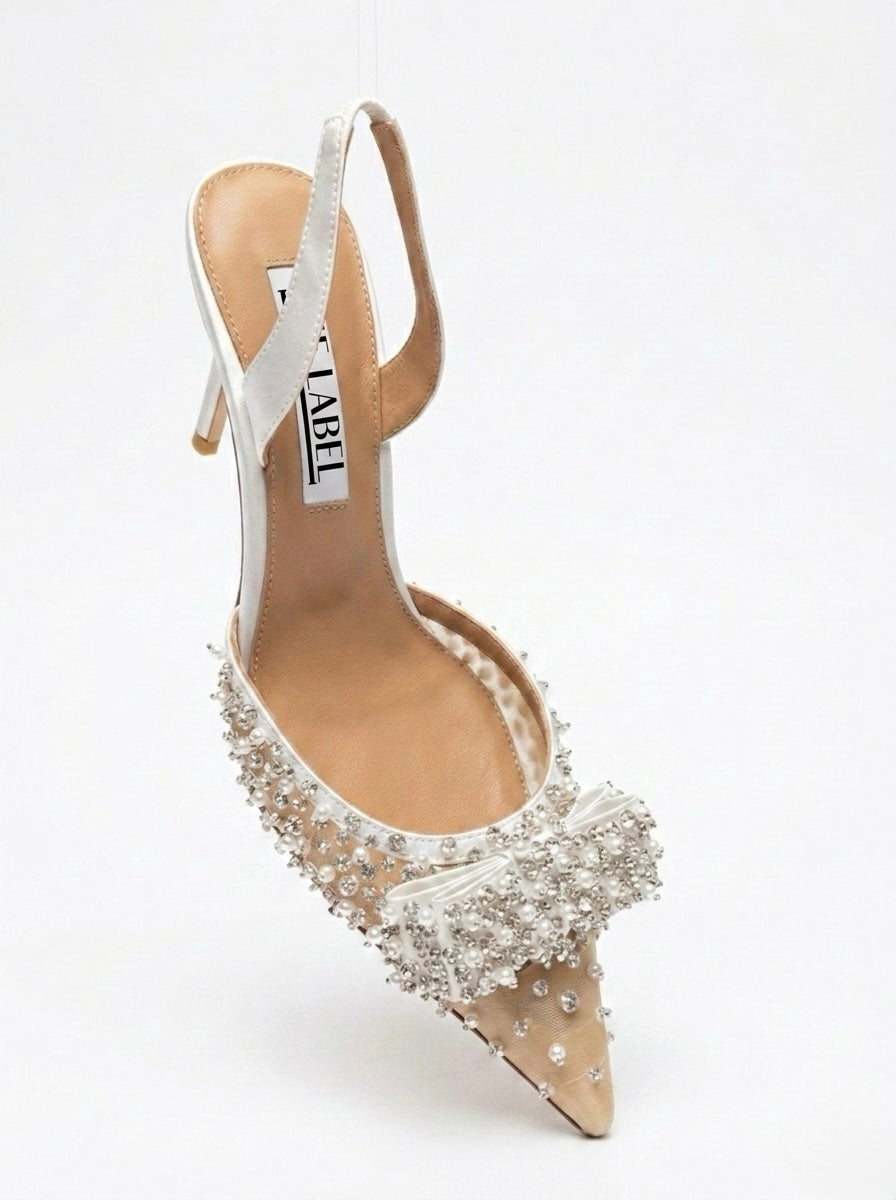STELLA BOW CRYSTAL-EMBELLISHED MESH SLINGBACK PUMPS