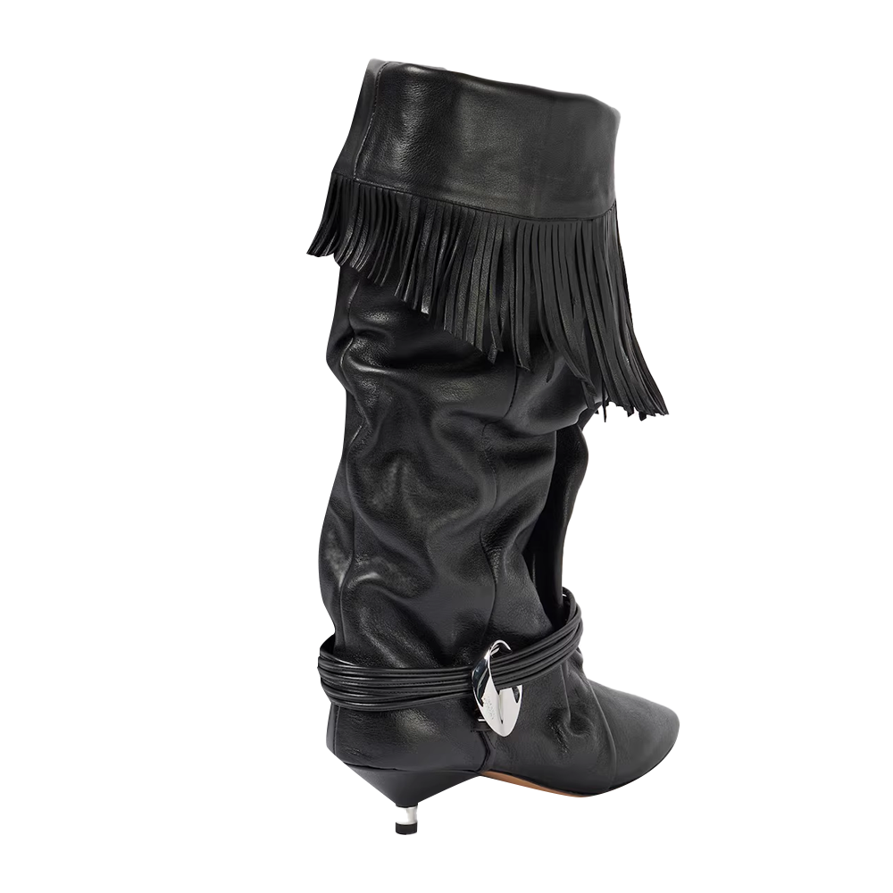 VACHR Fringed Kitten Heel Knee High Boots