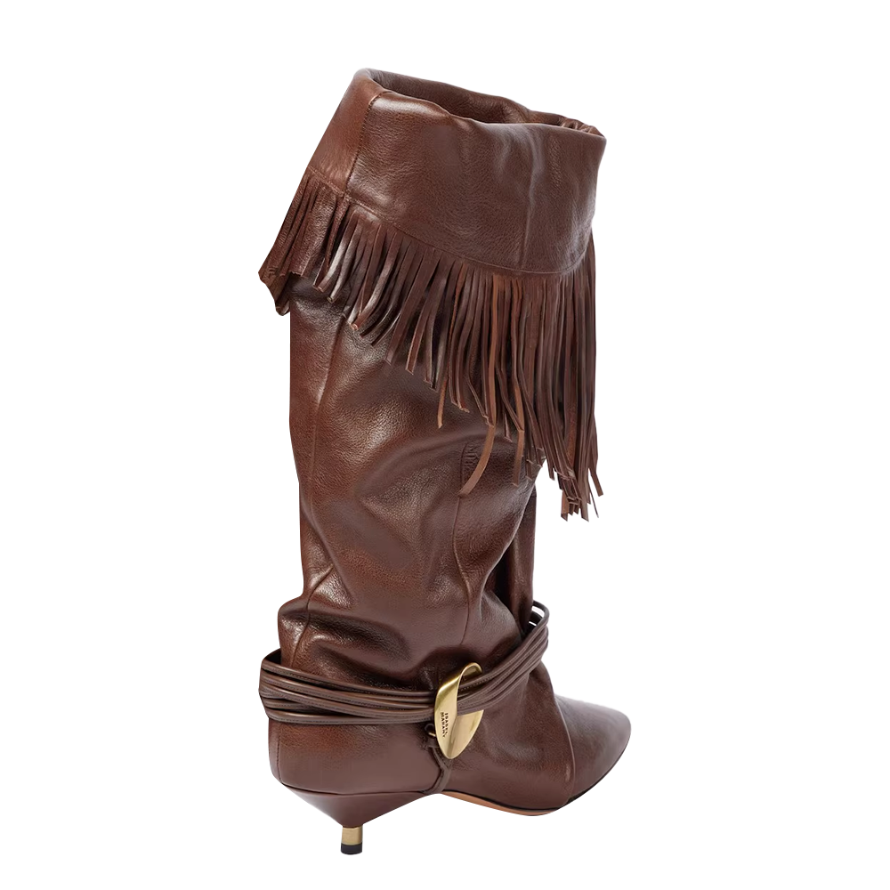 VACHR Fringed Kitten Heel Knee High Boots