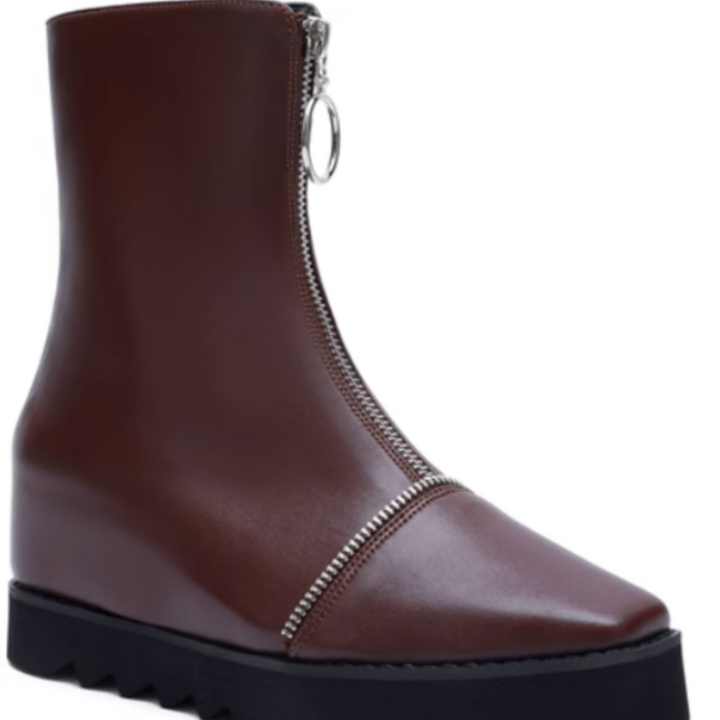 LIAEN Leather Platform Wedged Heel Ankle Boots