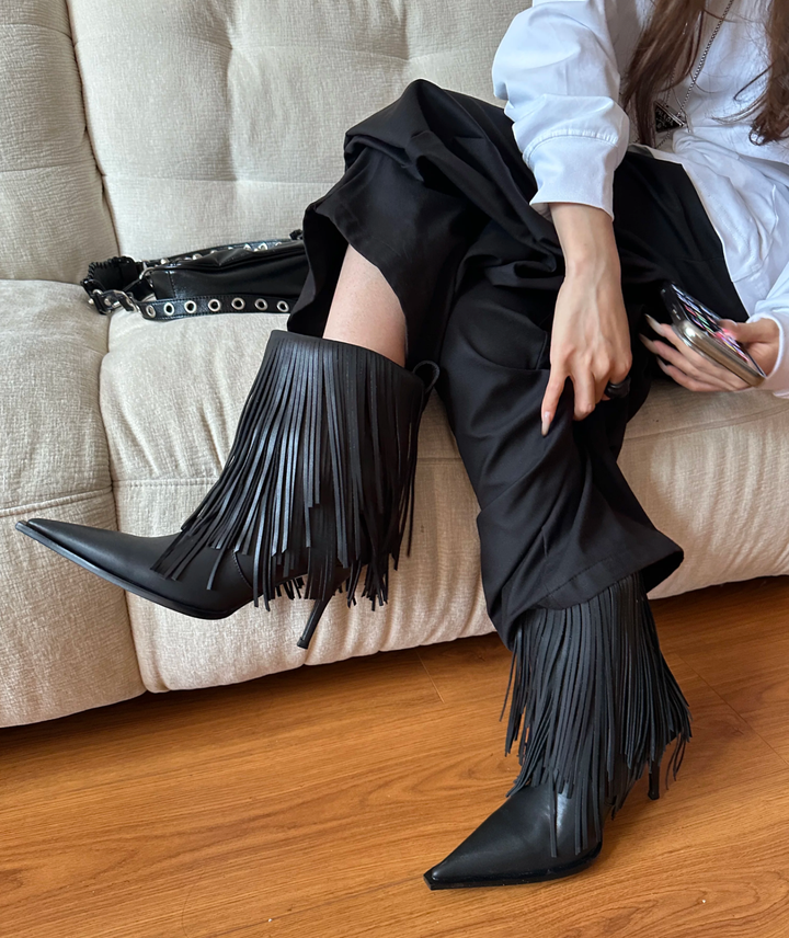 HROVA TASSELS MID HEEL ANKLE BOOTS
