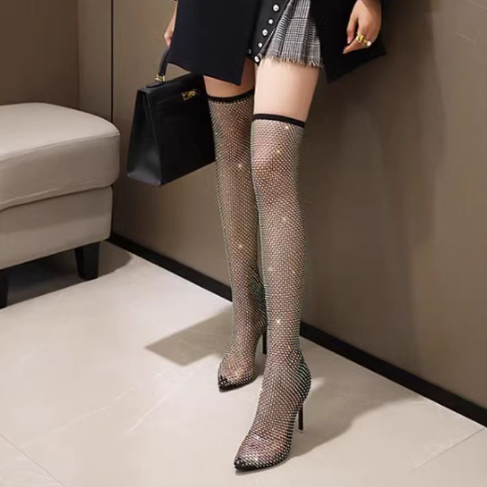 MOTIA Diamante Mesh Over The Knee Boots - 6cm