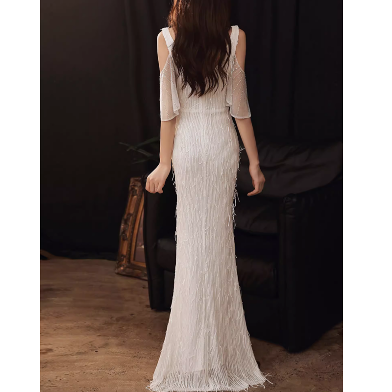 MUBVO Fringed Cold-Shoulder Evening Dress Gown