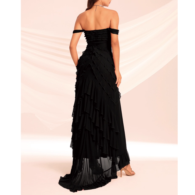 NUMOG Ruffled Off-Shoulder Slip Evening Dress Gown