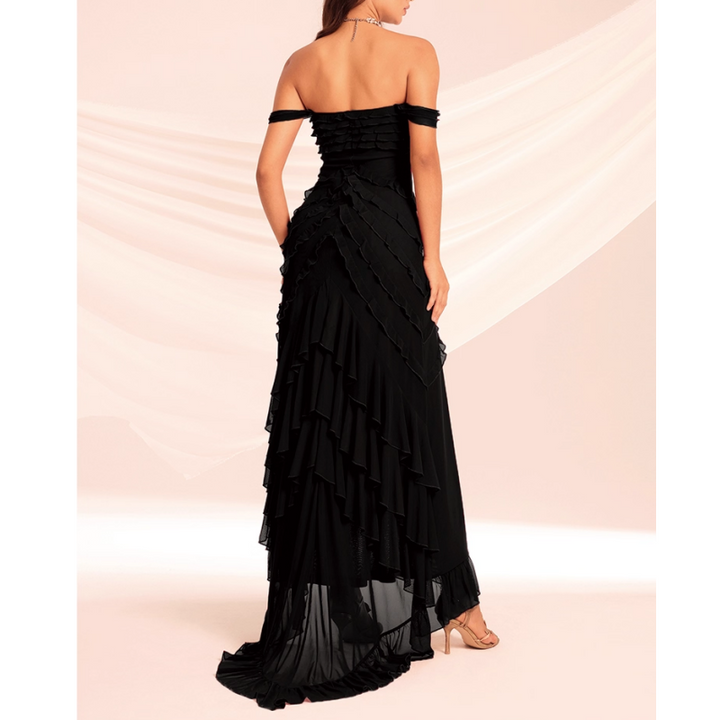 NUMOG Ruffled Off-Shoulder Slip Evening Dress Gown