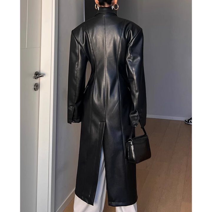 SEKUV Leather Long Trench Coat