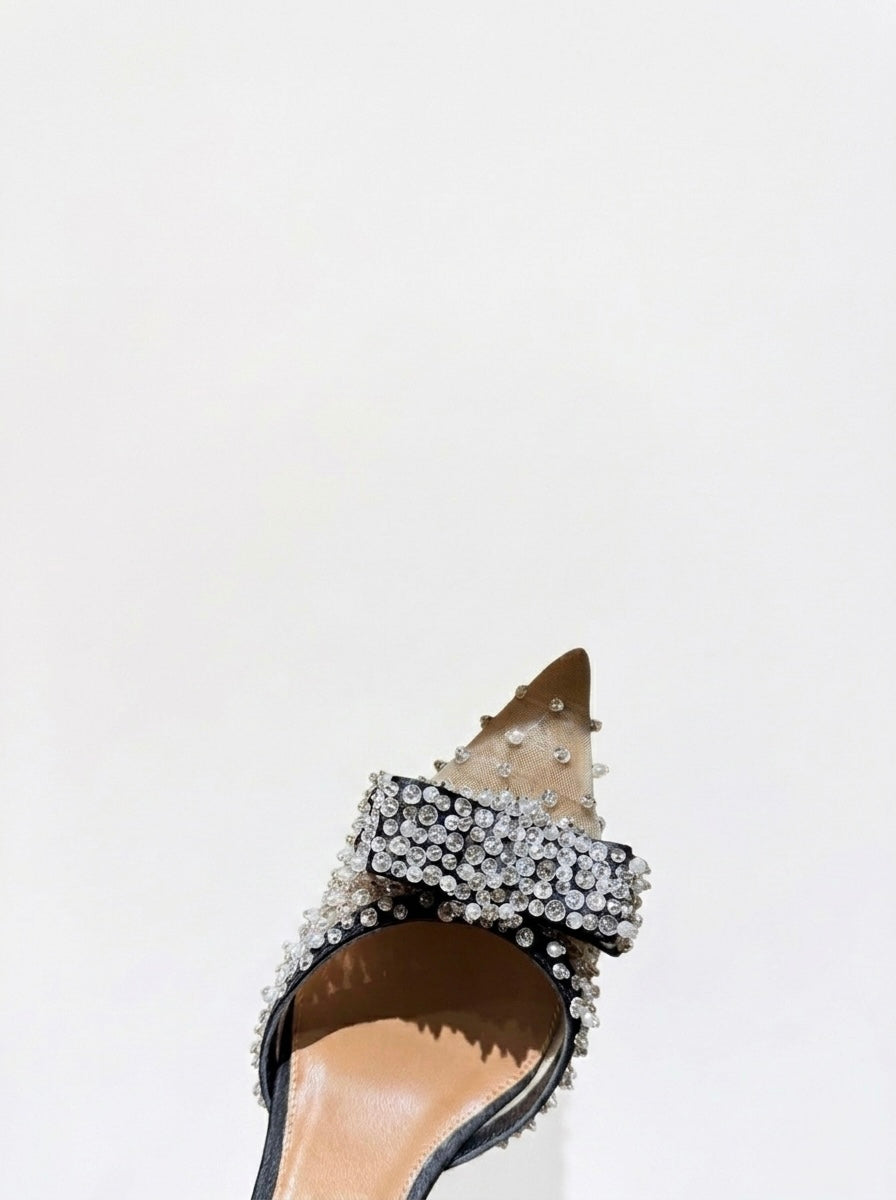 STELLA BOW CRYSTAL-EMBELLISHED MESH SLINGBACK PUMPS
