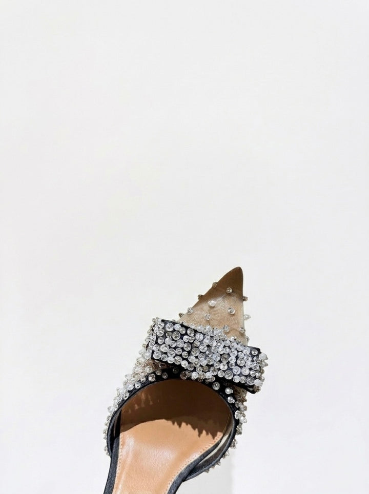 STELLA BOW CRYSTAL-EMBELLISHED MESH SLINGBACK PUMPS