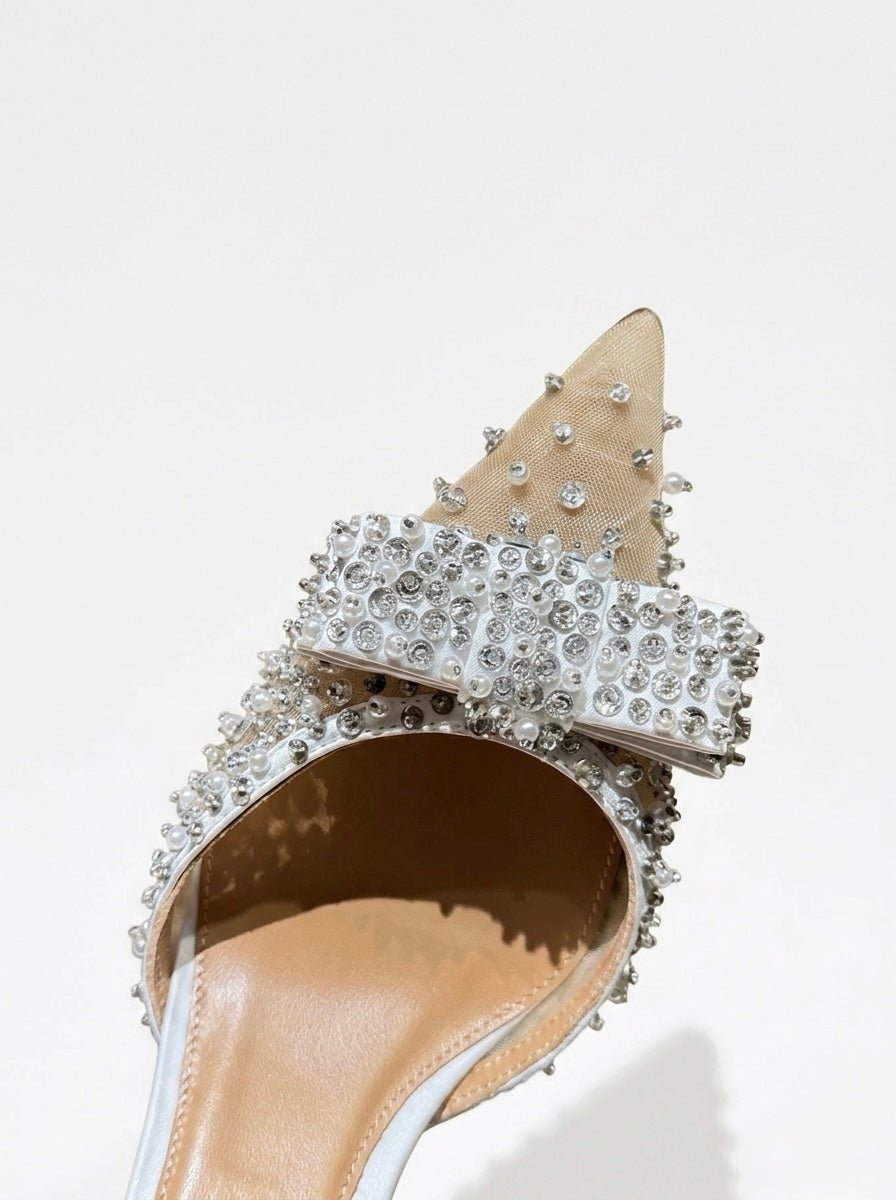 STELLA BOW CRYSTAL-EMBELLISHED MESH SLINGBACK PUMPS