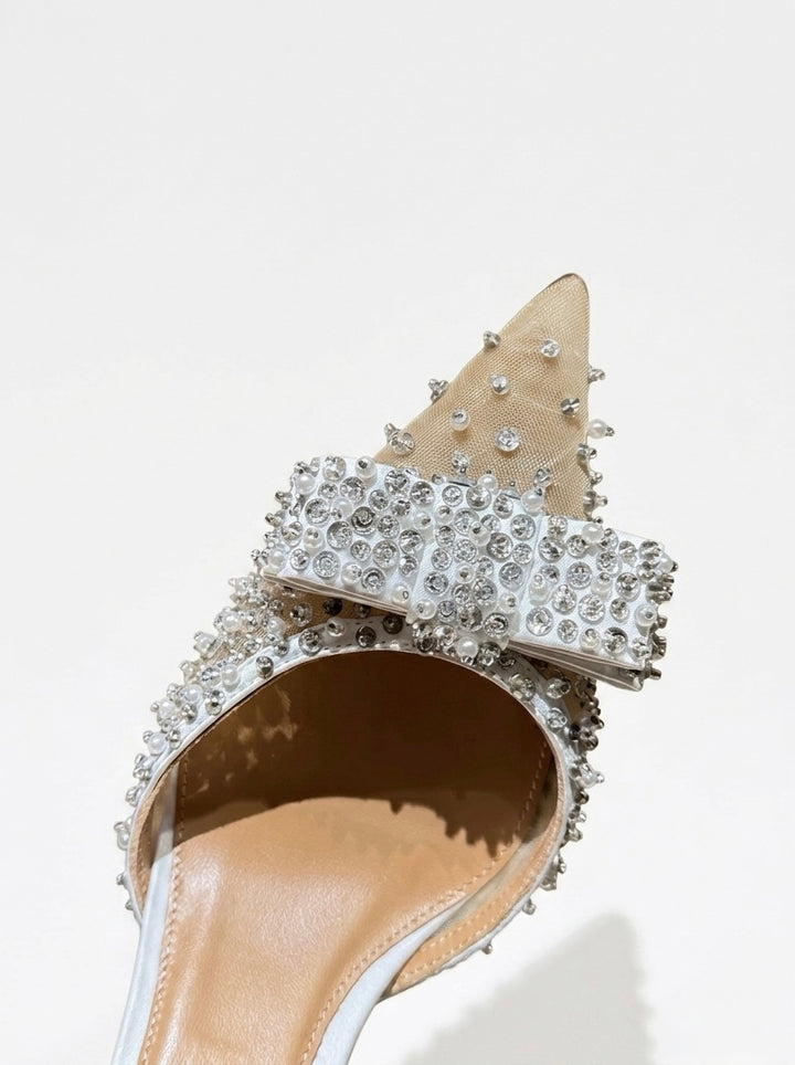 STELLA BOW CRYSTAL-EMBELLISHED MESH SLINGBACK PUMPS