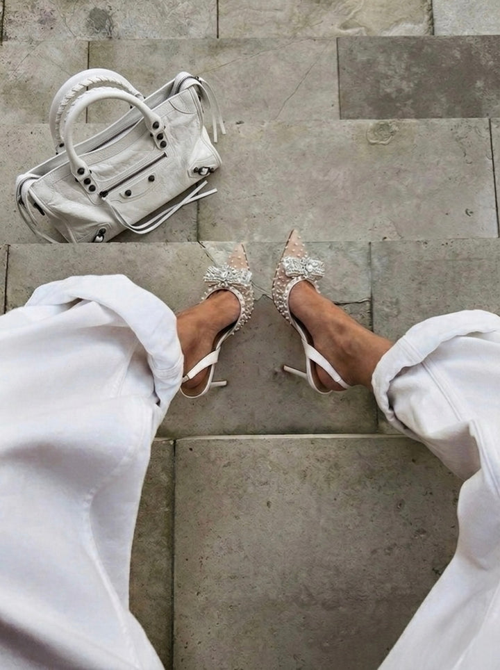 STELLA BOW CRYSTAL-EMBELLISHED MESH SLINGBACK PUMPS
