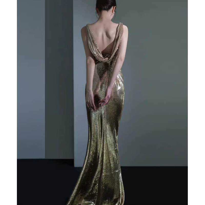 VOBIN Backless Sequin Maxi Evening Dress Gown