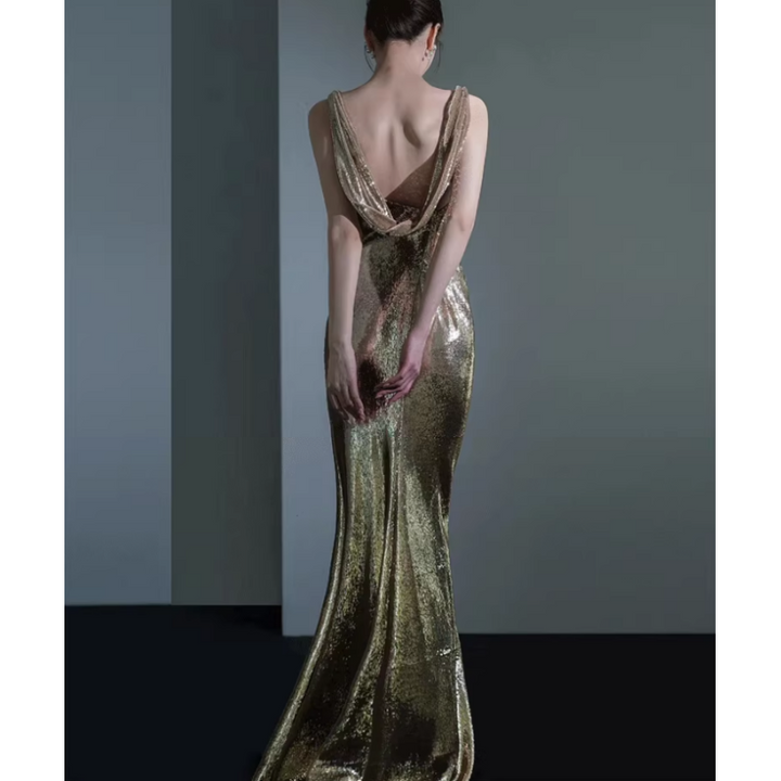 VOBIN Backless Sequin Maxi Evening Dress Gown