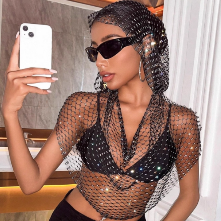 OUTIL Fishnet Rhinestone Hooded Top