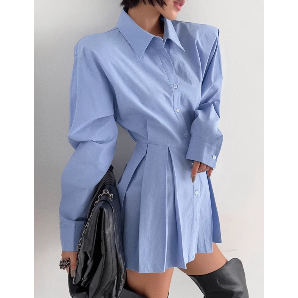 Blue KWACH Lapel Pleated Hem Shirt | i The Label I The Label Blue KWACH Lapel Pleated Hem Shirt | i The Label I The Label
