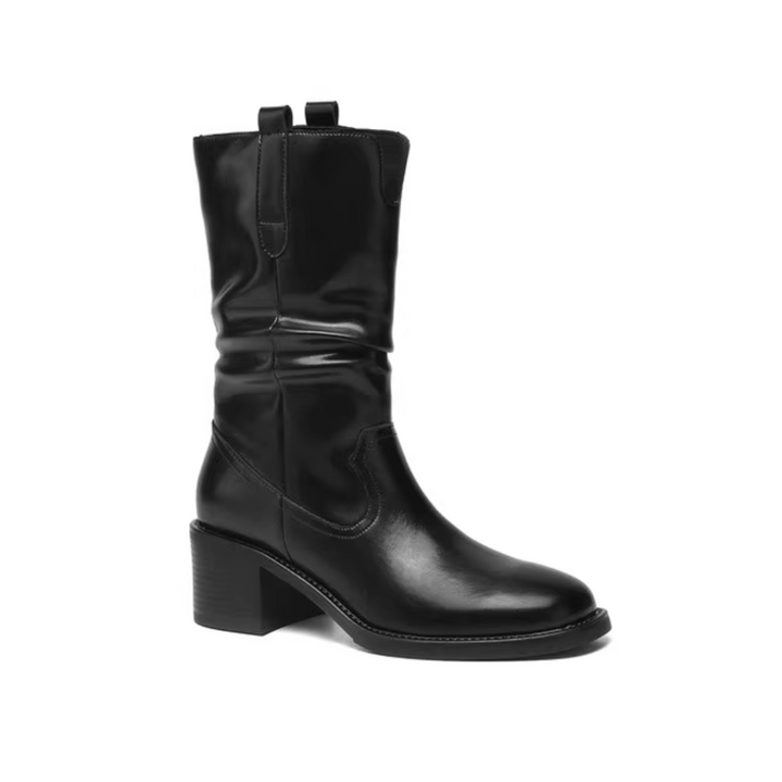 BOKUN Leather Block Heel Ankle Boots