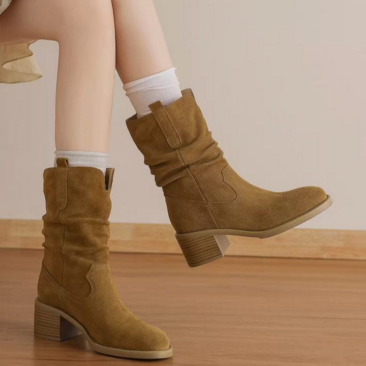 BOKUN Suede Block Heel Ankle Boots