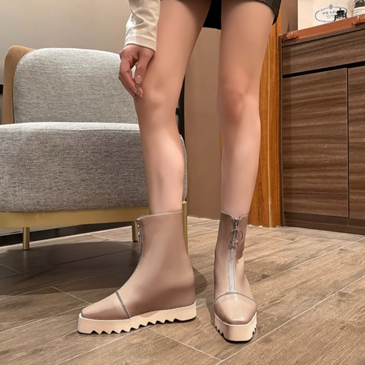 LIAEN Leather Platform Wedged Heel Ankle Boots