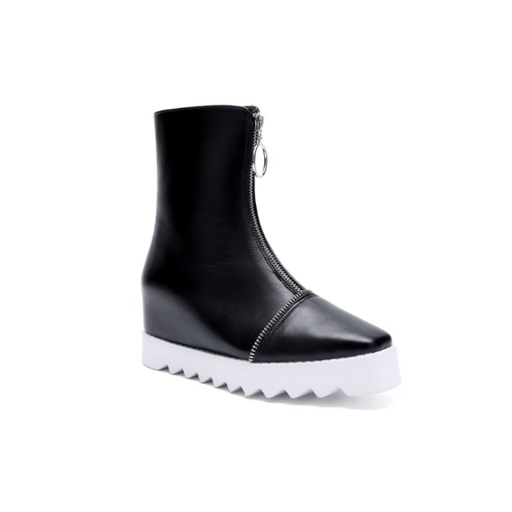LIAEN Leather Platform Wedged Heel Ankle Boots