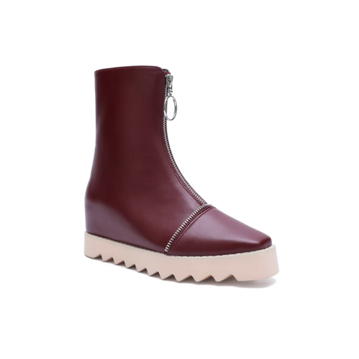 LIAEN Leather Platform Wedged Heel Ankle Boots