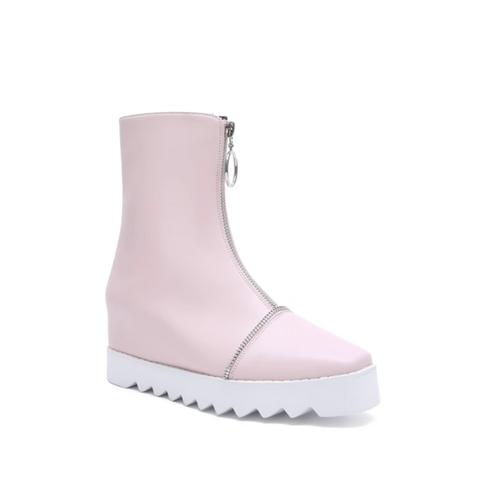 LIAEN Leather Platform Wedged Heel Ankle Boots