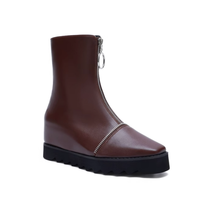 LIAEN Leather Platform Wedged Heel Ankle Boots