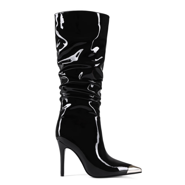 XNOUH Metal Plated Stiletto Heel Knee High Boots