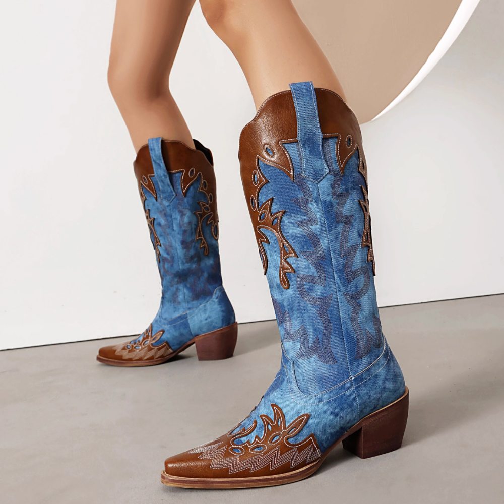 CUOAG Embroidery Western Cowboy Knee High Boots