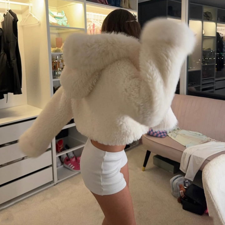 PICOU Faux Fur Hooded Cropped Coat