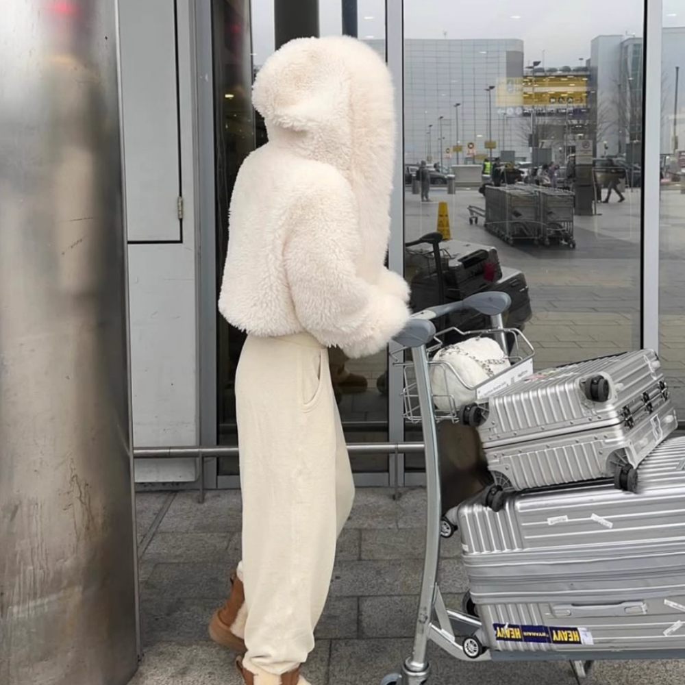 PICOU Faux Fur Hooded Cropped Coat