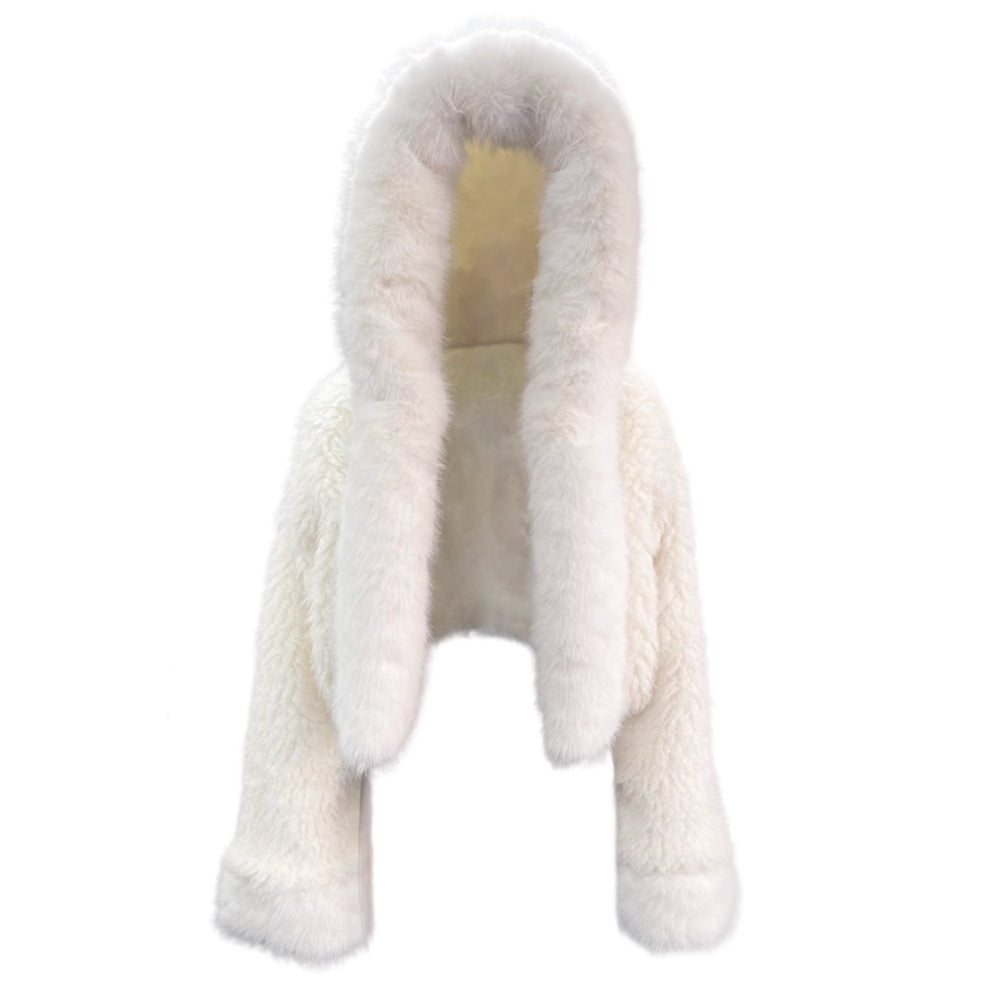 PICOU Faux Fur Hooded Cropped Coat