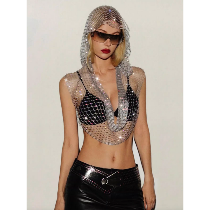OUTIL Fishnet Rhinestone Hooded Top